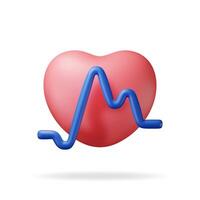 3d red heart with pulse line isolated on white. Render human heart with heartbeat symbol. Medicine and healthcare, cardiology, pharmacy, drugstore, medical education. vector