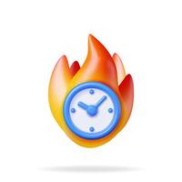 3D alarm clock in fire isolated on white. Render burning clock symbol. Decision, deadline coming, hurry up. Fast time stop watch, limited offer. Time management, planning business. vector