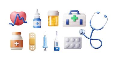 3d medicine icon set isolated. Render medical collection. Spray, pills, first aid kit, thermometer, syringe, heartrate, stethoscope. Healthcare hospital and medical diagnostics. vector