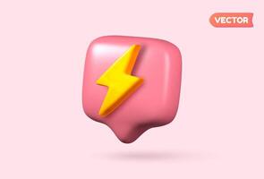 3D lightning bolt icon set against a pink background. 3D representation of a powerful electrical charge. vector