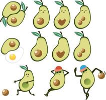 illustration avocado in cap playing bowling with its own bone and football. An avocado with a leaf has a heart instead of a seed. Culinary ying yang with fried scrambled eggs and avocado. vector
