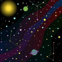 espacio dibujos animados antecedentes con de colores líneas estrellas y constelaciones de el horóscopo. ilustración un oscuro cósmico nebulosa con diferente constelaciones y varios planetas vector