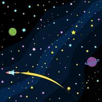 Kids Cartoon Wallpaper Space Milky Way with Stars and Planets. illustration in the background there are planets with craters and a rocket with eluminators. Space atmosphere in childish style vector