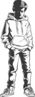caucasian boy full body with engraving style black color only vector