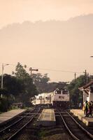 View of the train from afar moving with beautiful views photo