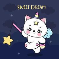 Cute cat unicorn lover catch magic star sweet dream fairy tales Good night kiss bedtime story Kawaii vector