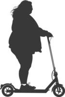 silhouette fat woman riding electric scooter full body black color only vector