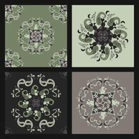 Set of Patterns and Seamless Patterns. Cat Mandala. Dark Gray, Chocolate and Pistachio color. vector