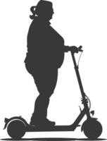 silhouette fat woman riding electric scooter full body black color only vector