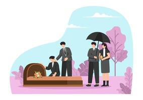 funeral ceremonia ilustración de triste personas en negro ropa en pie por un tumba con coronas alrededor un ataúd en un plano dibujos animados antecedentes vector