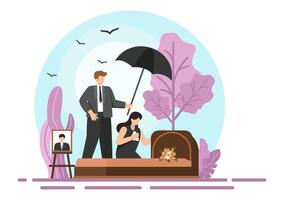 funeral ceremonia ilustración de triste personas en negro ropa en pie por un tumba con coronas alrededor un ataúd en un plano dibujos animados antecedentes vector