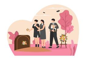 funeral ceremonia ilustración de triste personas en negro ropa en pie por un tumba con coronas alrededor un ataúd en un plano dibujos animados antecedentes vector