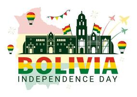 bolivia independencia día ilustración en agosto 6 6 con ondulación bandera y cinta en un festivo nacional fiesta plano dibujos animados antecedentes vector