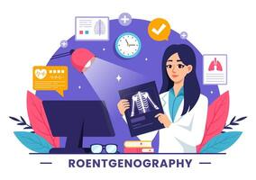 radiografía ilustración con fluorografía cuerpo chequeo procedimiento, radiografía exploración o roentgen en salud cuidado en un plano dibujos animados antecedentes vector