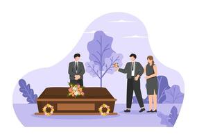 funeral ceremonia ilustración de triste personas en negro ropa en pie por un tumba con coronas alrededor un ataúd en un plano dibujos animados antecedentes vector