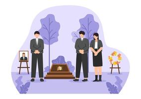 funeral ceremonia ilustración de triste personas en negro ropa en pie por un tumba con coronas alrededor un ataúd en un plano dibujos animados antecedentes vector