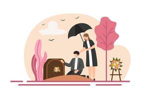 funeral ceremonia ilustración de triste personas en negro ropa en pie por un tumba con coronas alrededor un ataúd en un plano dibujos animados antecedentes vector