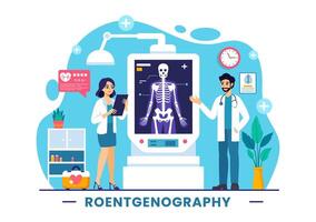 radiografía ilustración con fluorografía cuerpo chequeo procedimiento, radiografía exploración o roentgen en salud cuidado en un plano dibujos animados antecedentes vector