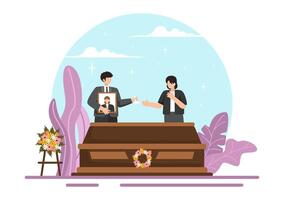 funeral ceremonia ilustración de triste personas en negro ropa en pie por un tumba con coronas alrededor un ataúd en un plano dibujos animados antecedentes vector