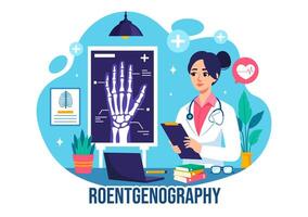 radiografía ilustración con fluorografía cuerpo chequeo procedimiento, radiografía exploración o roentgen en salud cuidado en un plano dibujos animados antecedentes vector