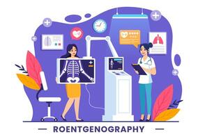 radiografía ilustración con fluorografía cuerpo chequeo procedimiento, radiografía exploración o roentgen en salud cuidado en un plano dibujos animados antecedentes vector