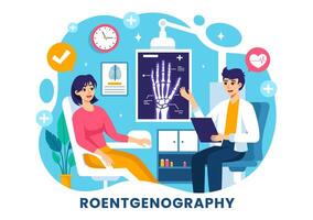 radiografía ilustración con fluorografía cuerpo chequeo procedimiento, radiografía exploración o roentgen en salud cuidado en un plano dibujos animados antecedentes vector