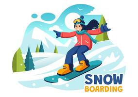Snowboarding ilustración presentando personas corredizo y saltando en un Nevado montaña Pendiente durante invierno, plano estilo dibujos animados antecedentes vector
