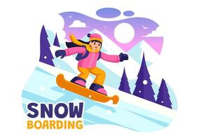 Snowboarding ilustración presentando personas corredizo y saltando en un Nevado montaña Pendiente durante invierno, plano estilo dibujos animados antecedentes vector