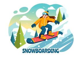 Snowboarding ilustración presentando personas corredizo y saltando en un Nevado montaña Pendiente durante invierno, plano estilo dibujos animados antecedentes vector
