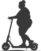 silueta grasa mujer montando eléctrico scooter lleno cuerpo negro color solamente vector