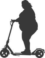 silueta grasa mujer montando eléctrico scooter lleno cuerpo negro color solamente vector