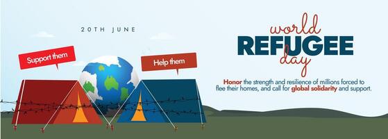 World Refugee day. 20th June World refugee day celebration banner with earth globe, tents, barbed wire fence. The day celebrates the strength, courage of people forced to flee their home country vector