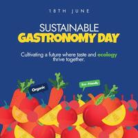 Sustainable Gastronomy Day celebration banner. 18th June 2024 Sustainable gastronomy day post with carrots, lemons, apples, tomatoes. Imagine a world where every meal helps to sustain healthier planet vector