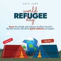 World Refugee day. 20th June World refugee day celebration banner with earth globe, tents, barbed wire fence. The day celebrates the strength, courage of people forced to flee their home country. vector