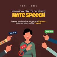 International day for countering hate speech. 18th June countering hate speech day awareness banner with a boy saying no to people pointing fingers on him. Empower Youth to Say NO to Hate Speech. vector