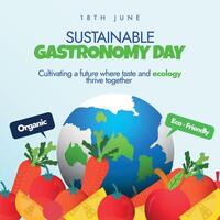 mundo sostenible gastronomía día. 18 junio sostenible gastronomía día celebracion bandera, social medios de comunicación enviar con tierra globo, zanahorias, limones, manzanas iconos, habla burbujas eco amigable, orgánico. vector