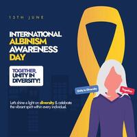 International Albinism awareness day. 13th June International Albinism awareness day banner with an albino girl and yellow ribbon. Albinism is a genetic condition in which skin, hairs lack melanin. vector