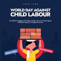 World Day against child labour. 12th June World day against child labour banner with a child carrying bricks on his head. The day focus on action and efforts needed to eliminate it. vector