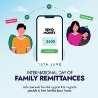 International day of Family remittances. 16th June family remittences day celebration banner, post with money transfer concept from a man to his family. Money transfer details on big smartphone screen vector