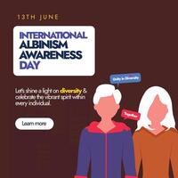 International Albinism awareness day 13th June. Albinism awareness day banner, social media post with an albino boy and a girl with white hair. Accepting and treating people with albinism equally. vector