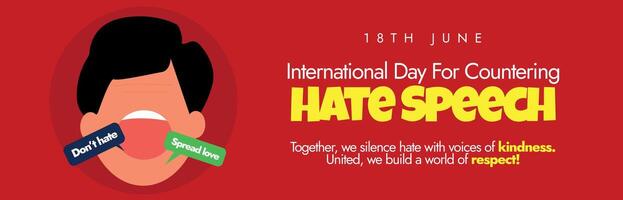 International day for countering hate speech. 18th June Countering hate speech cover banner with a man opening mouth to say something. Education as a preventive tool to raise awareness for unity. vector