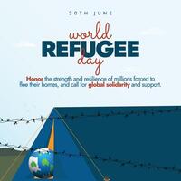 World Refugee Day 20th June banner, post. Refugee day conceptual banner with a big tent fenced by barbed wire. The theme for 2024 is Finding Freedom Family. The day is celebrated to support, help them vector