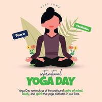 International Yoga day 21st June celebration banner. Yoga day banner, post with a girl sitting in sukhasana pose with peace. 2024 theme for this day is Yoga For Women Empowerment. vector