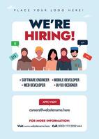 We are hiring. We are hiring graphic designer, content writer announcement banner, brochure with people of different ethnic, Anyone can apply. Apply now and send your CV. Recruitment banner, post. vector