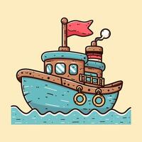 Ship cartoon with red flag in colored style. vector