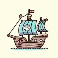 Ship cartoon with red flag in colored style. vector