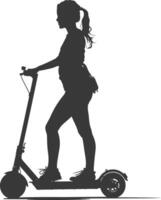 silhouette girl riding electric scooter full body black color only vector