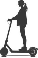 silhouette girl riding electric scooter full body black color only vector