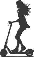 silhouette girl riding electric scooter full body black color only vector