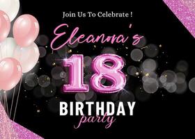 18th Birthday Invitation Black Pink Balloon Celebration Shiny template